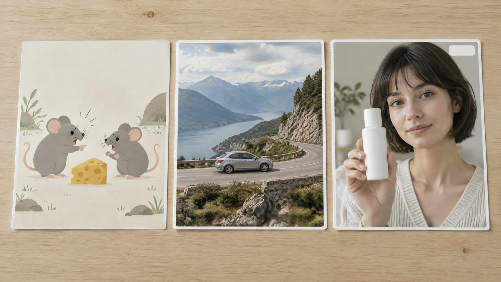 Tre storyboardkort på et lyst bord: tegnede mus, der skændes ved siden af et stykke ost, en rigtig sølvfarvet bil på en genereret bjergvej og en realistisk ung kvinde, der holder en hvid hudplejeflaske uden etiket op mod kameraet. Kun det tredje kort har et lille tomt felt i øverste højre hjørne