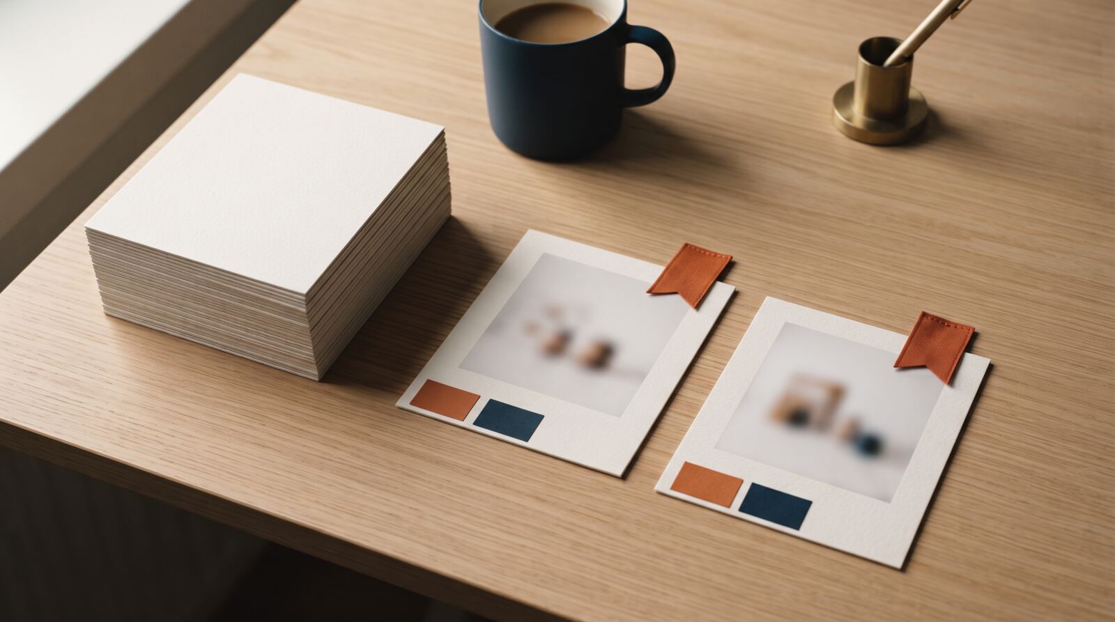 Redaktionel oversigtsscene med printede produktdatakort lagt ud til en audit, hvert kort med et sløret produktfoto og små påsættede mærkater for pris, tilgængelighed og identifikationsfelter, nogle kort markeret med et brændt orange flag for et manglende felt og andre godkendt.