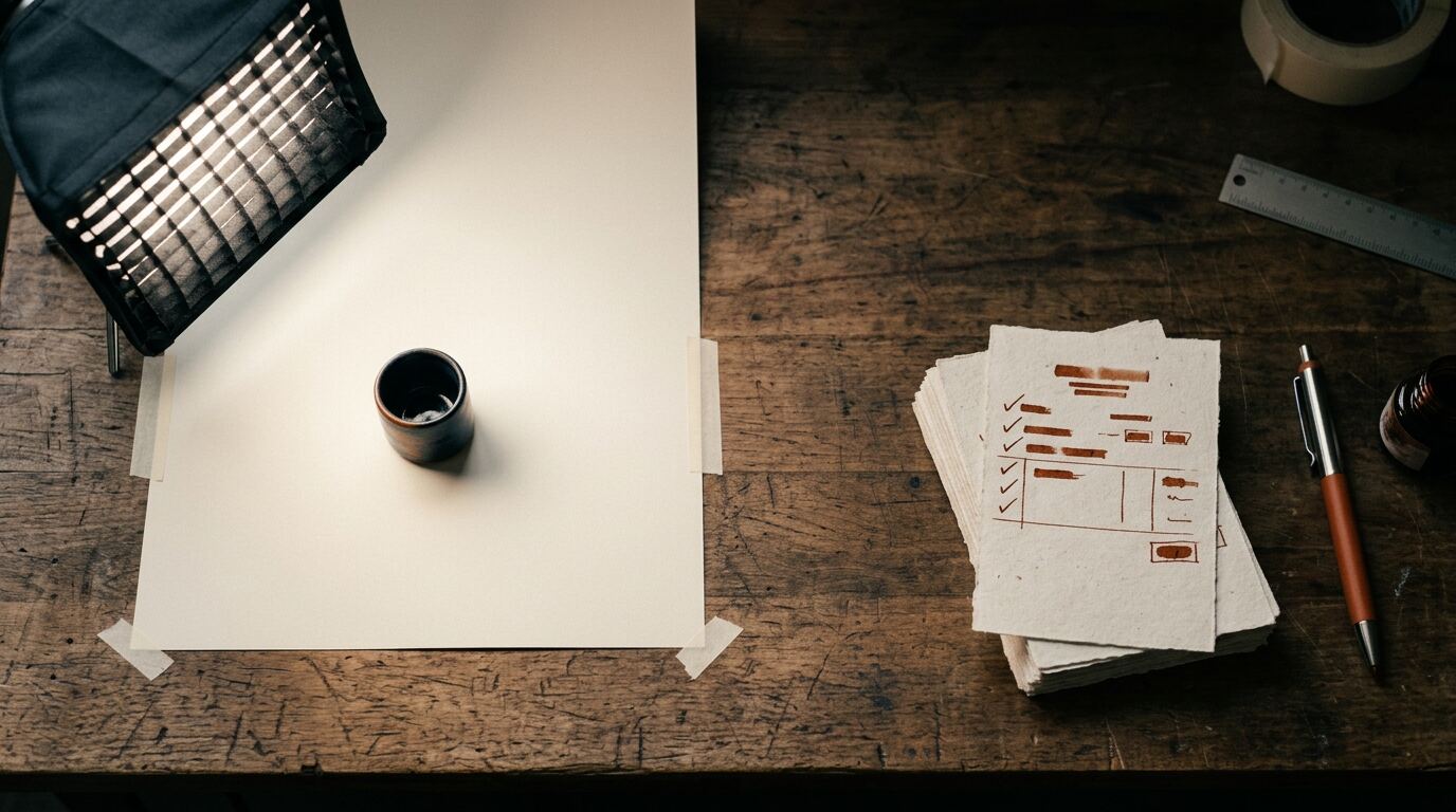 Redaktionel oversigtsscene med en produktfotografi-genoptagelsesstation ved siden af en stak printede feed-databonner, produktkort afkrydset i brændt orange blæk mod en kort liste af påkrævede felter.