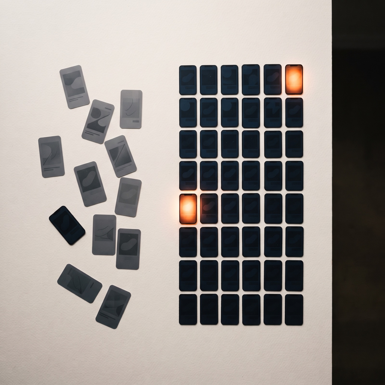 A sparse scatter of grey phone-frame ad cards beside a dense dark grid of ad cards with a few glowing burnt orange, showing how larger monthly test volume yields more winners.