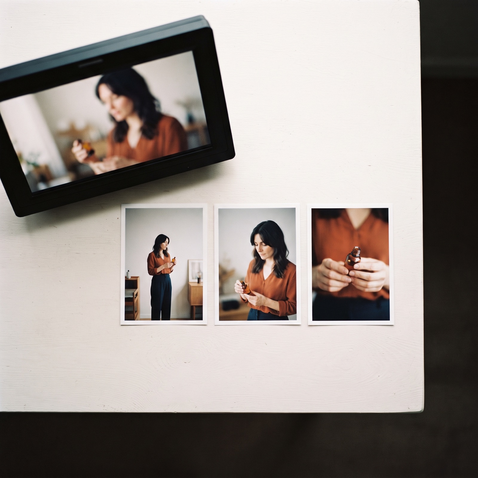 Field monitor beside printed frames of the same presenter and product at wide, medium, and close shot sizes on a studio table