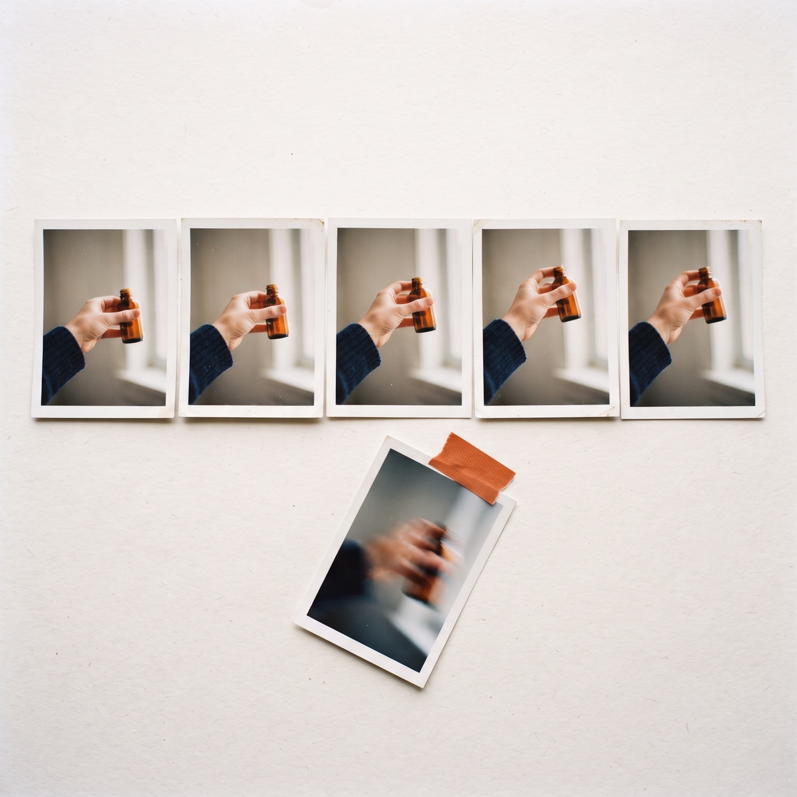 Grid of six printed video frames of the same product take, with one distorted frame pulled aside and marked with orange tape