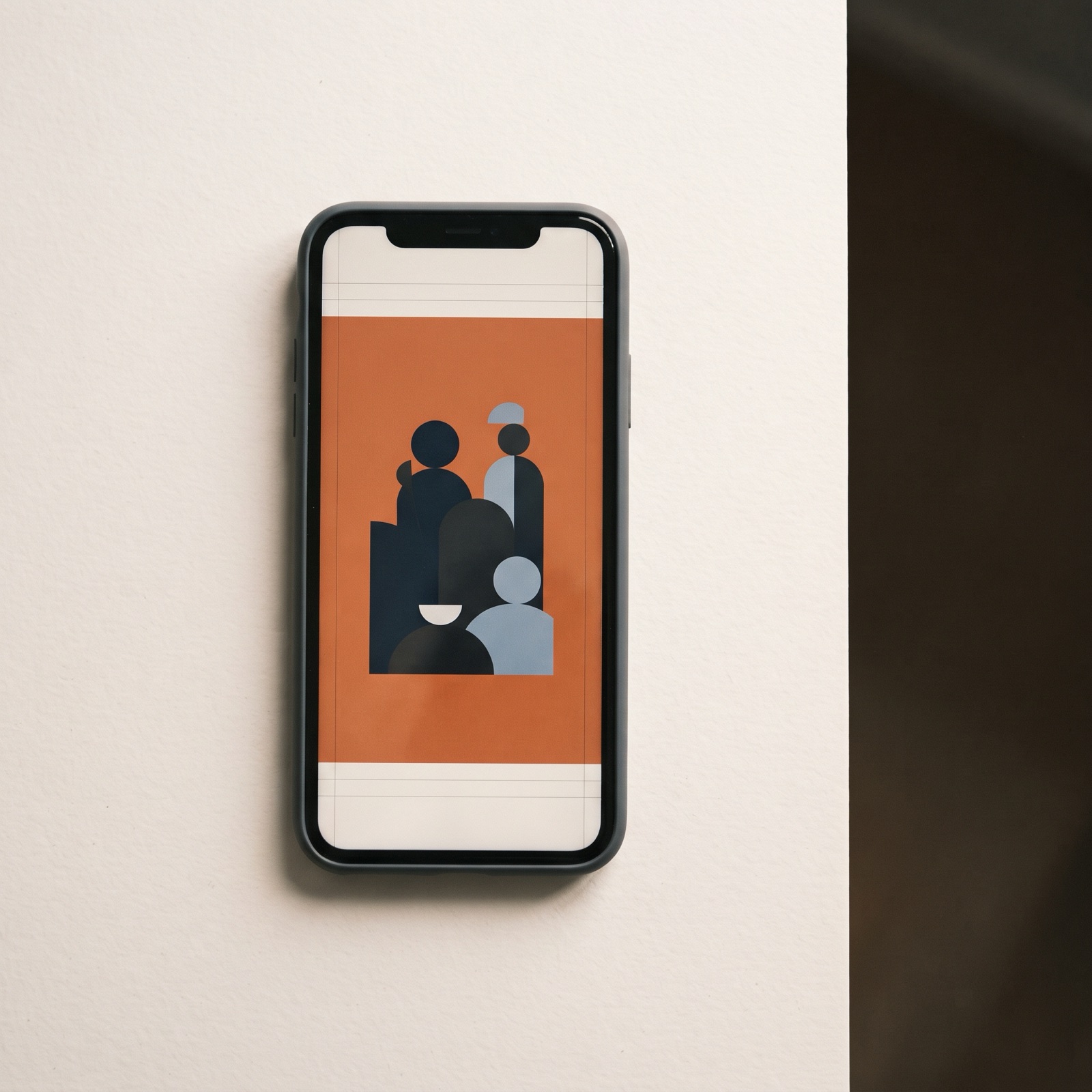 Editorial flat lay of a phone showing a vertical Reels ad frame with safe zone margins marked at top and bottom.
