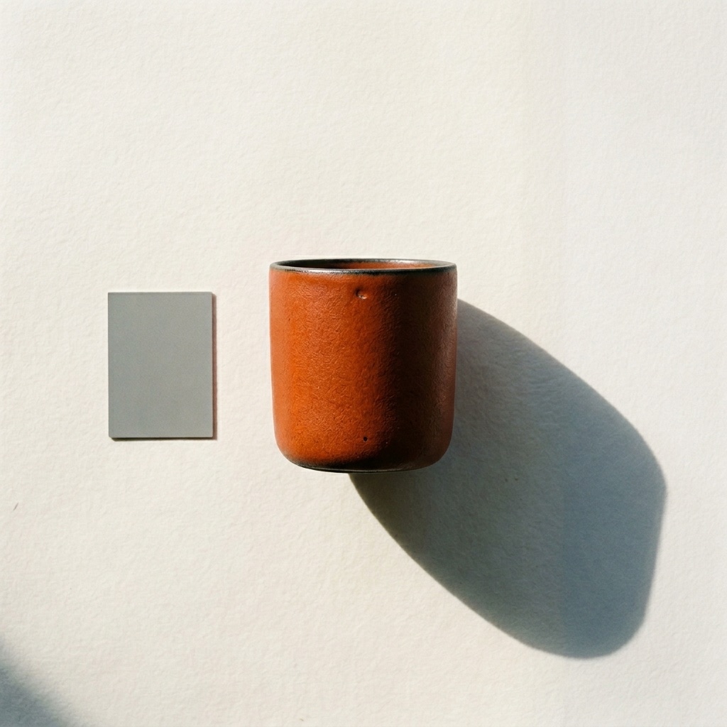 Overhead flat lay of a single ceramic product on warm white paper with measured shadow falloff and a small color card next to it.