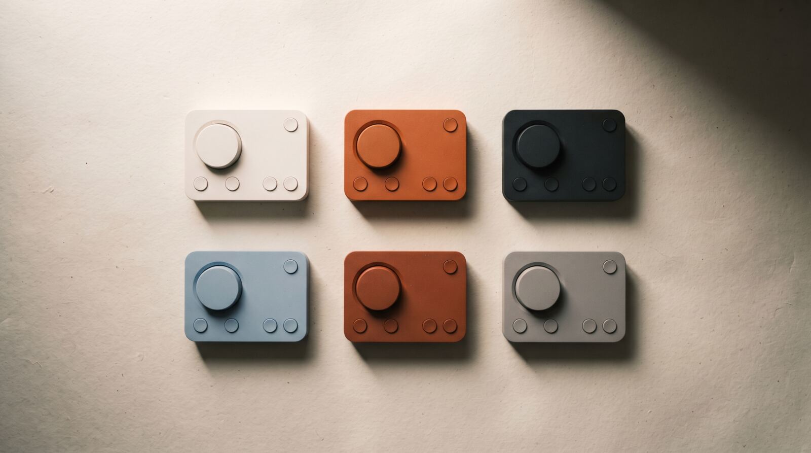 Overhead shot of a product catalog with consistent photography styling across every variant on a light surface
