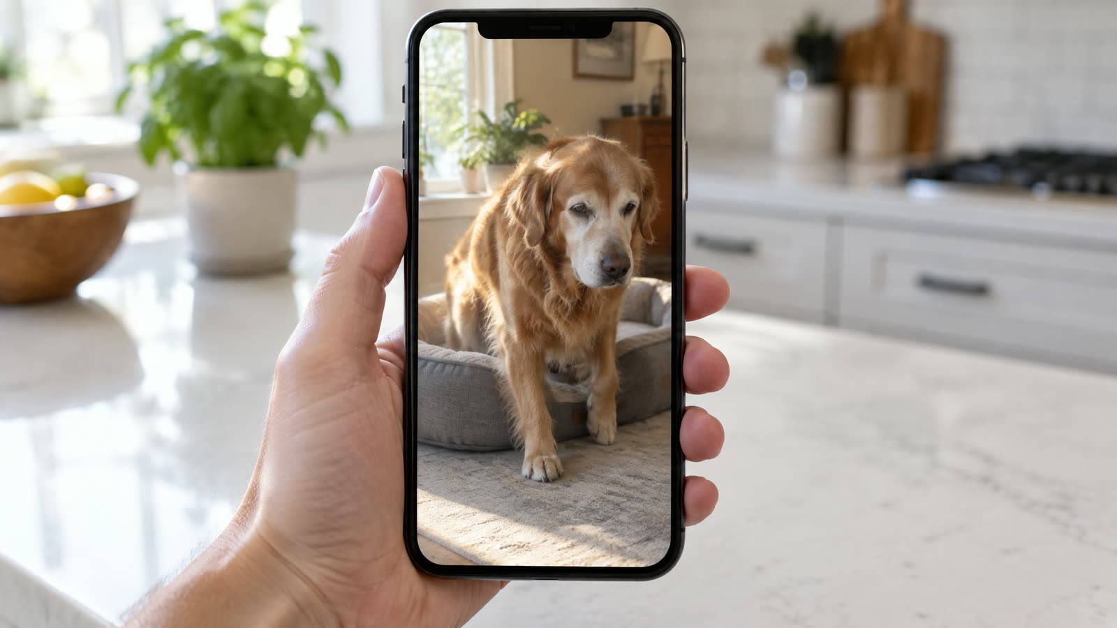 En hånd holder en telefon lodret på et køkkenbord, og skærmen viser et lodret videobillede af en ældre golden retriever, der langsomt rejser sig fra en hundeseng i morgenlys