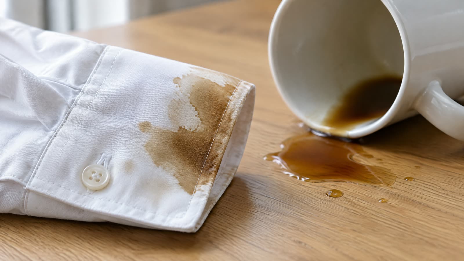 Ekstremt nærbillede af et hvidt skjorteærme med en frisk brun kaffeplet, der breder sig i bomulden, og et væltet keramikkrus ved siden af på et lyst træbord