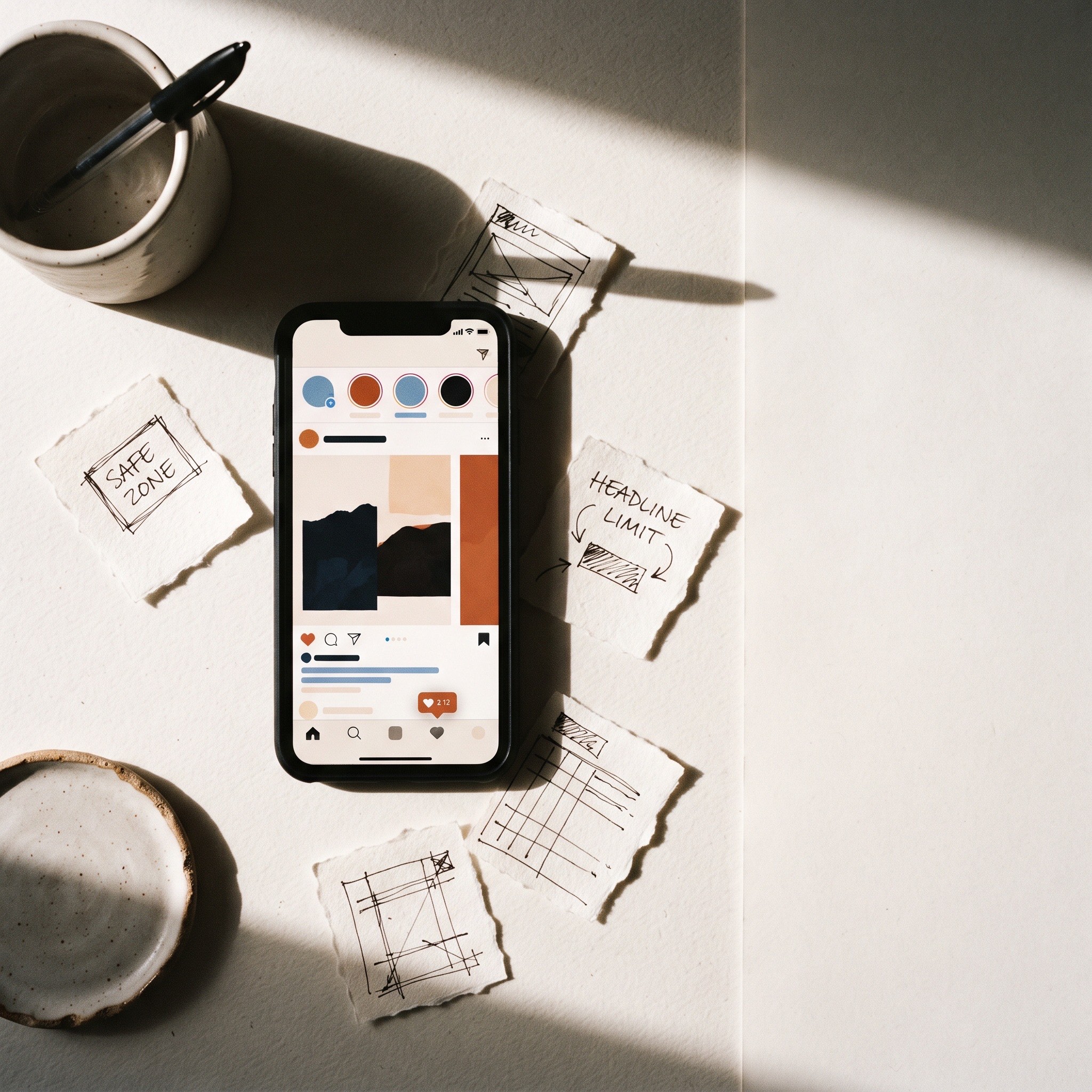 A smartphone showing a native Reddit feed with a 4:5 ad frame, surrounded by handwritten notes marking safe zones and headline limits