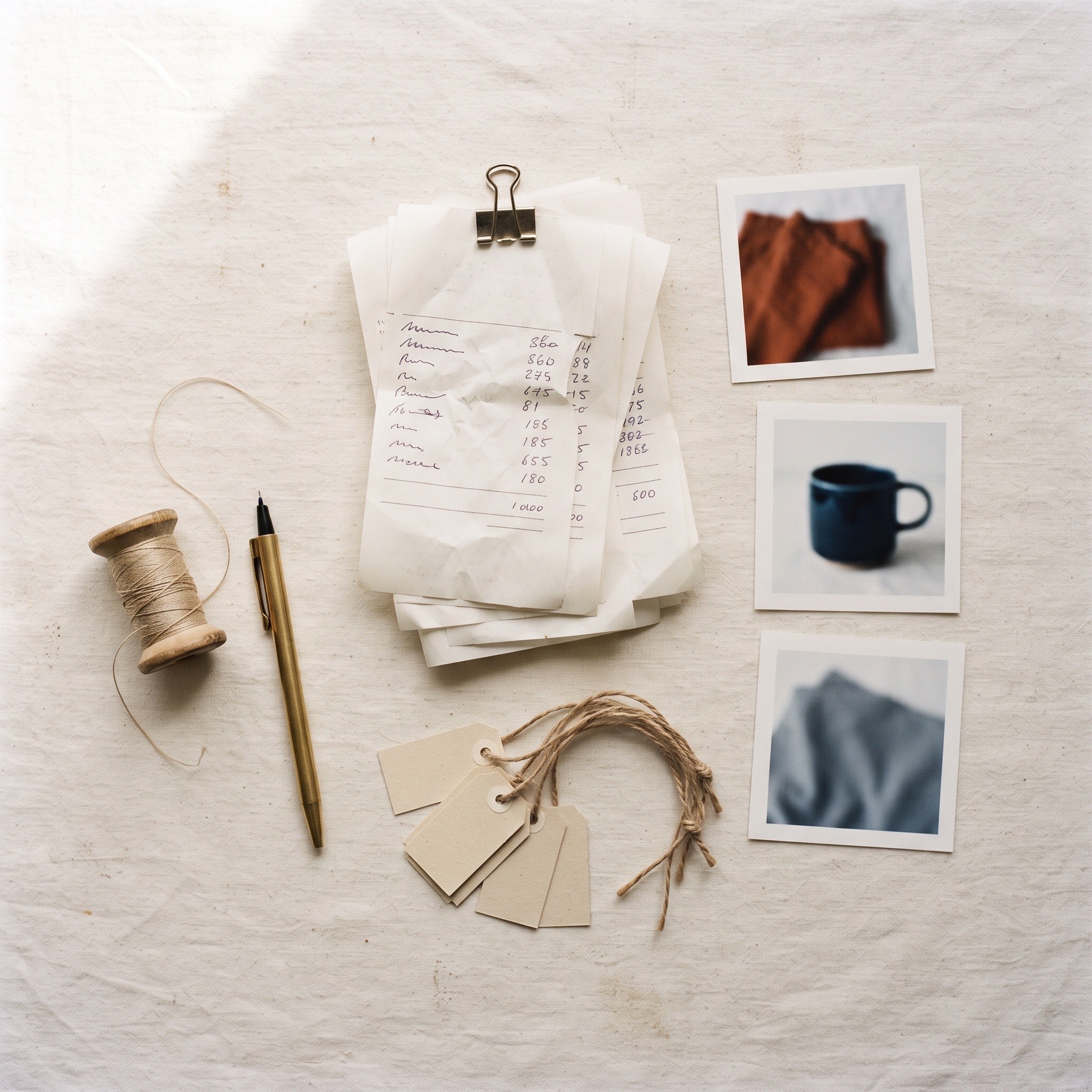 A flat-lay of a creative production receipt, sample product shots, and small subreddit labels on a warm off-white surface tied to the proof metrics