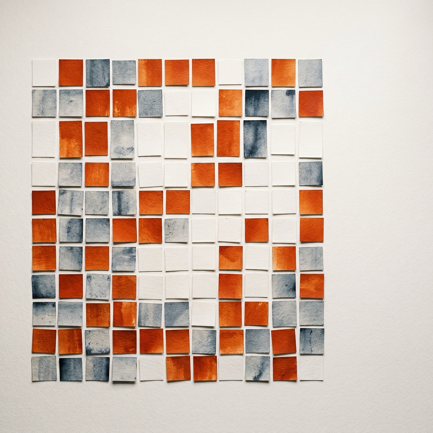 Overhead view of a weekly production board with 100 small card slots, some filled and some empty, arranged in a modular grid.
