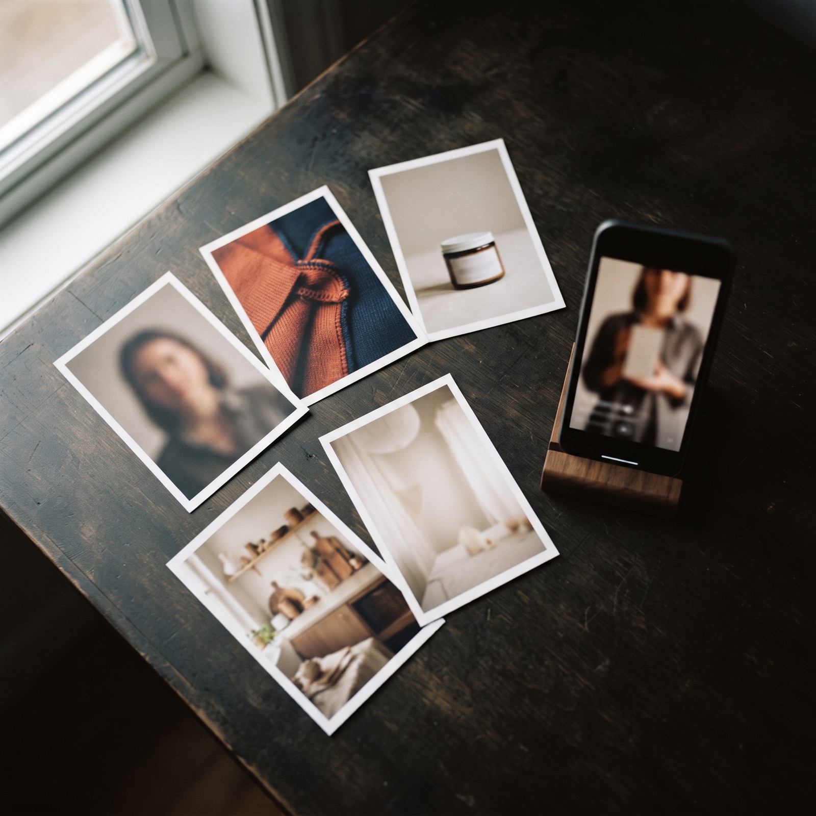 Printed reference photo cards fanned on a desk beside a smartphone showing a blurred vertical video frame