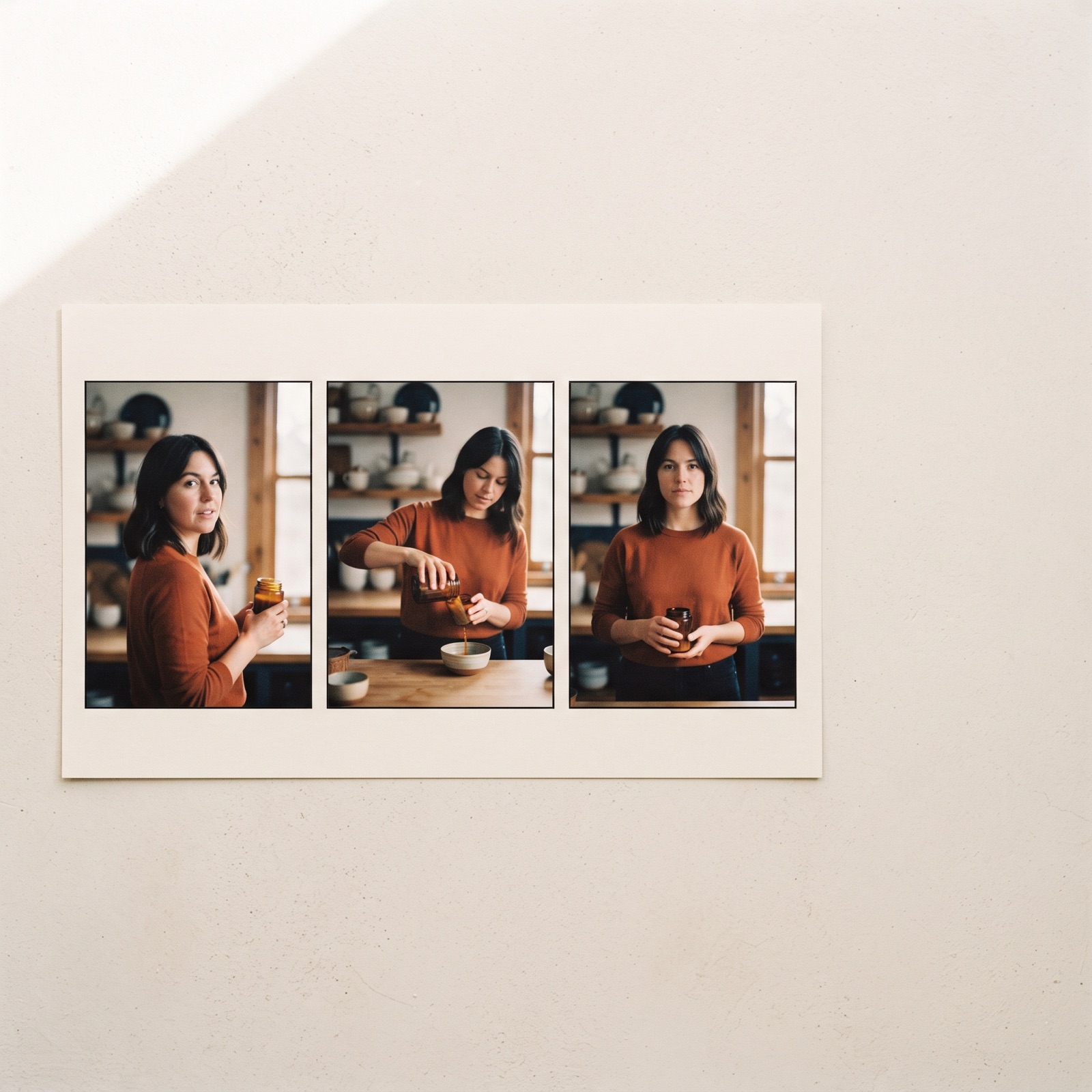 Three-panel storyboard showing the same person in the same outfit across three different scenes