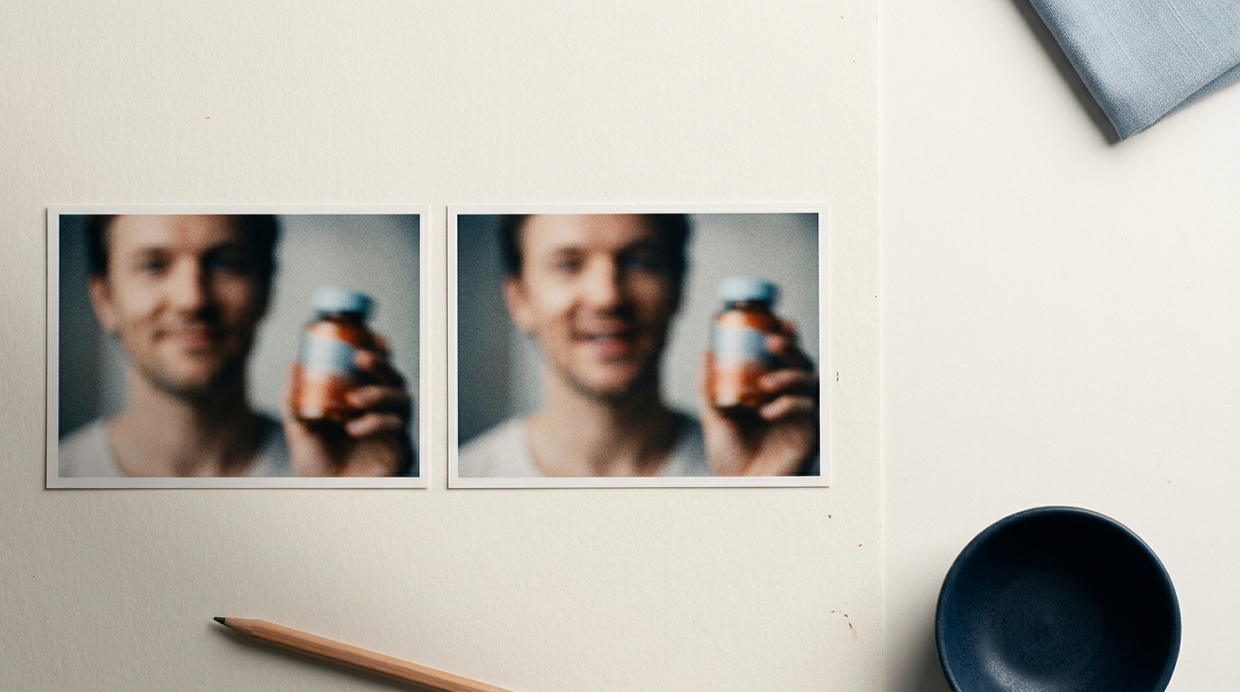 To printede videostillframes pa en varm nordisk overflade, der viser det samme praesentatoransigt gentaget pa tvaers af flere annonceklipframes til test af brandkontinuitet