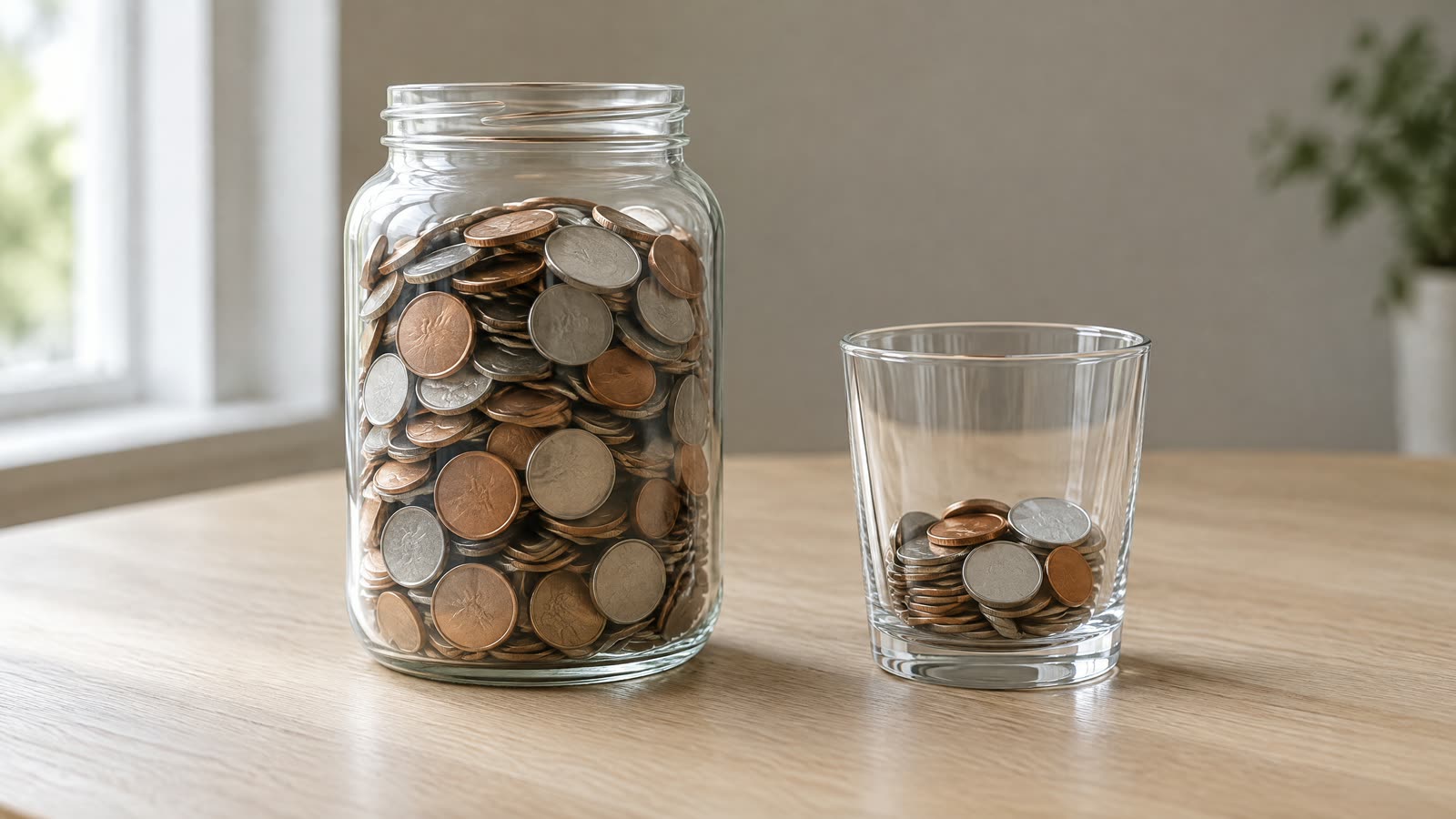 En glaskrukke fuld af mønter på et træbord med et lille klart glas ved siden af, der indeholder omkring en femtedel af mønterne