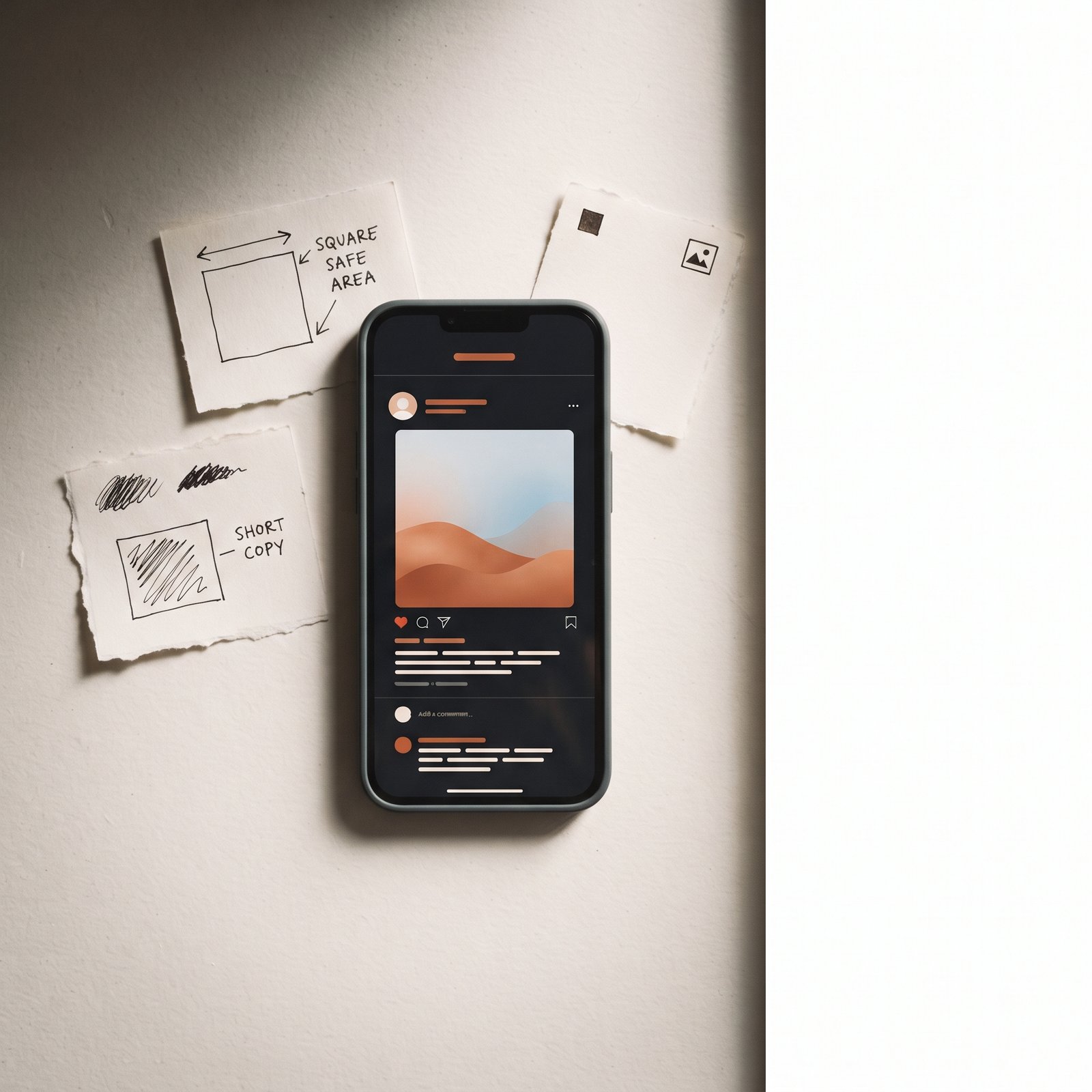 A smartphone showing a Threads feed with a 1:1 ad frame in a stream of text posts, surrounded by handwritten notes marking the safe canvas and copy limit