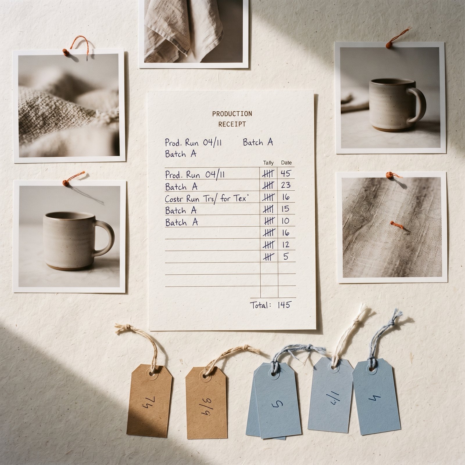 A flat-lay of a creative production receipt, sample square product shots, and small placement labels on a warm off-white surface tied to the proof metrics