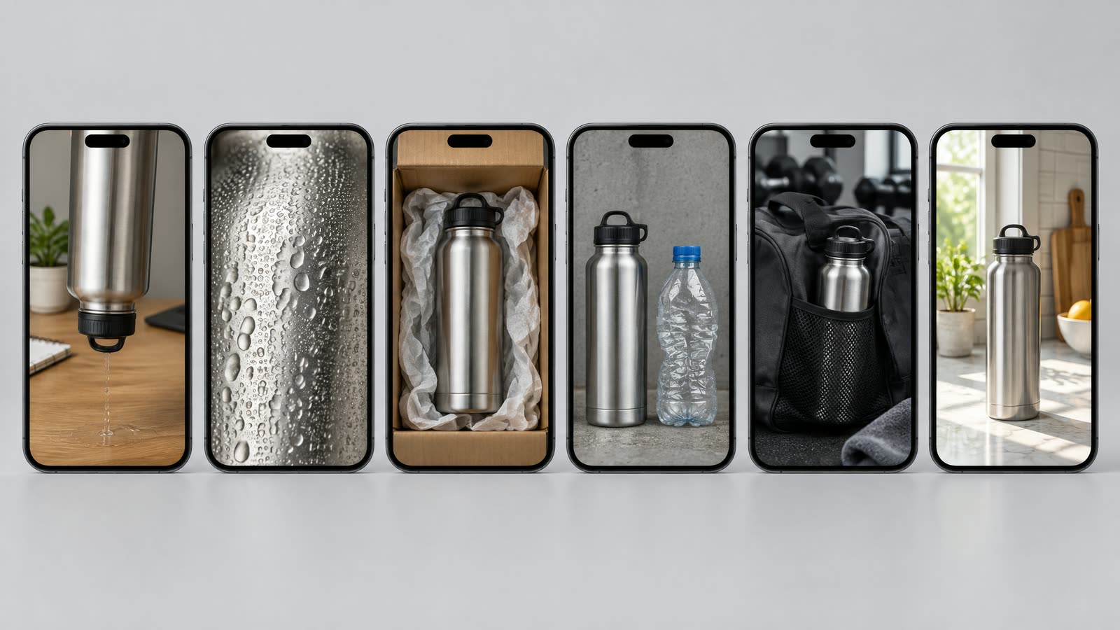 Six vertical phone screens in a row showing the same plain steel bottle: tipped upside down over a desk with water dripping from the lid, cold condensation up close, in a shipping box with tissue paper, beside a crumpled plastic bottle, in a gym bag pocket and on a kitchen counter