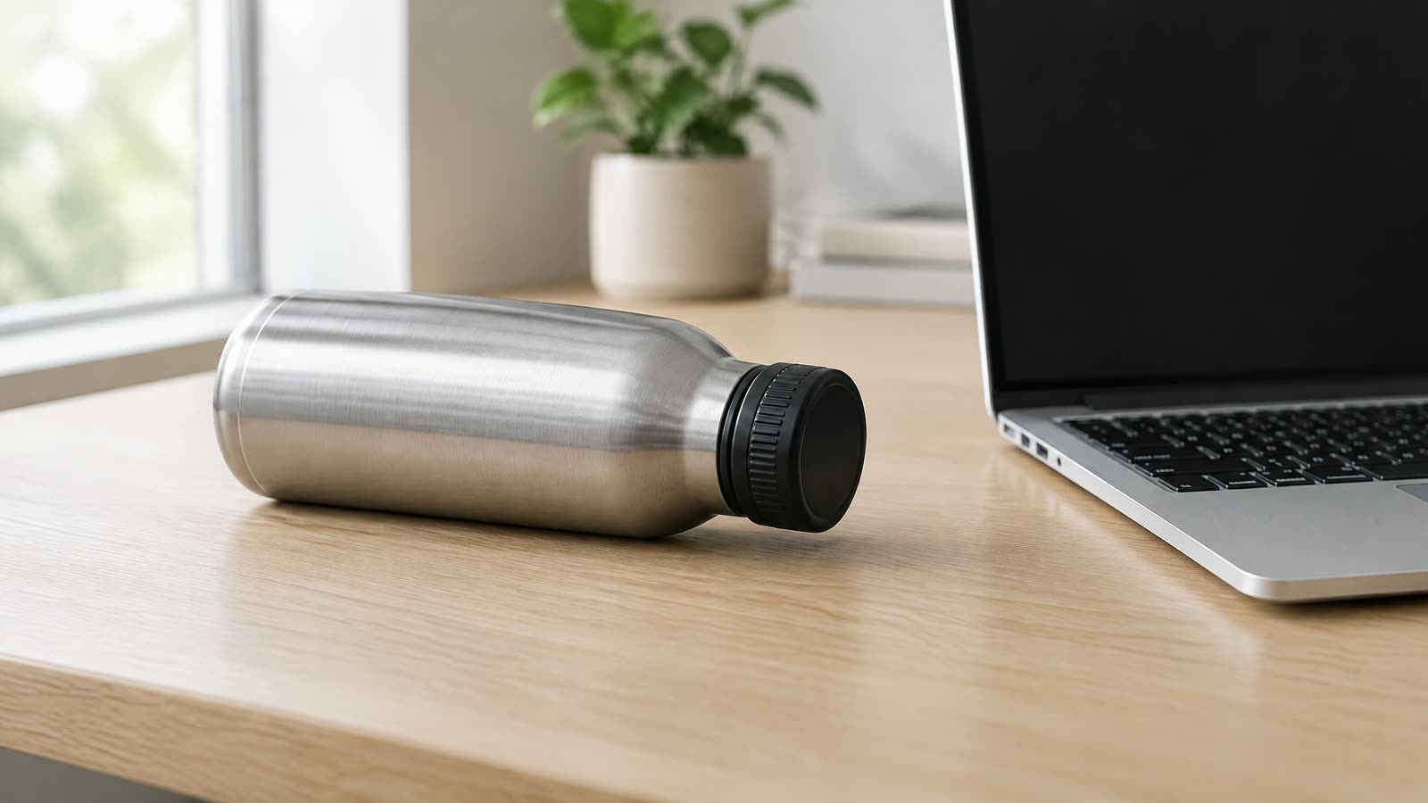 A plain steel water bottle with a black screw lid lying on its side on a light oak desk next to an open laptop, with the desk dry around the lid