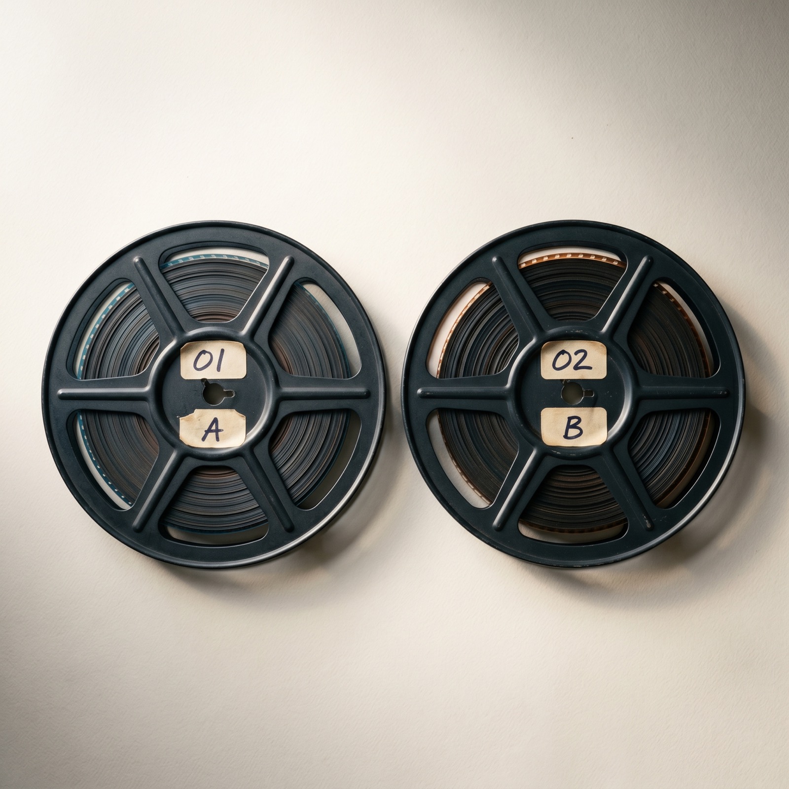 Two printed video still frames arranged side by side on a warm Nordic surface showing contrasting cinematic motion quality from AI video models