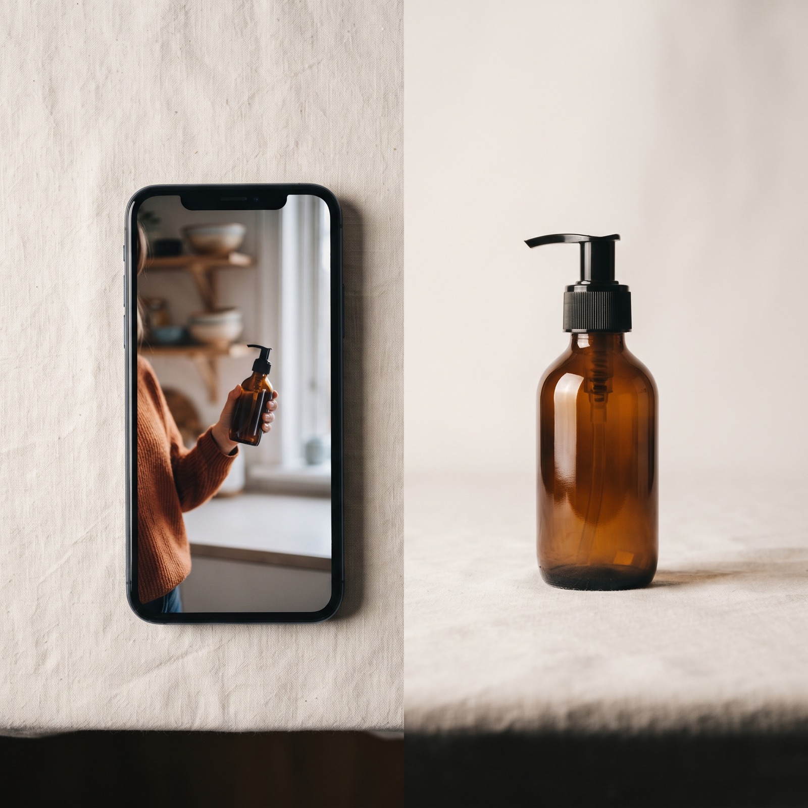 En smartphone der viser et blødt sløret lodret still af en person med en lille flaske i et hjemmekøkken, placeret ved siden af et poleret studieproduktbillede af den samme flaske på en ensfarvet baggrund.