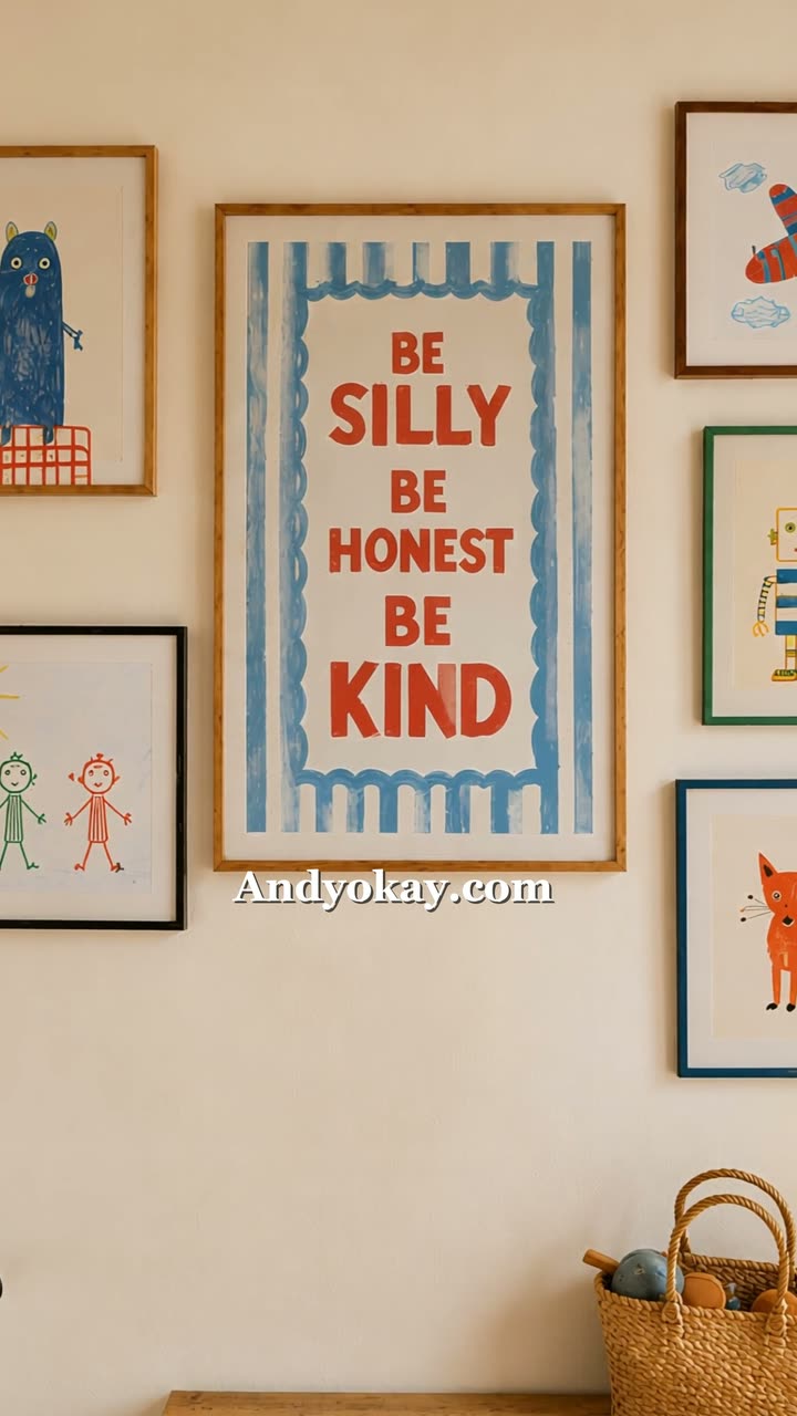 Andy Okay persona film: a painter in a brick loft studio shares her mother's rule about hanging the silly drawings, then cuts to a BE SILLY BE HONEST BE KIND print in a family hallway