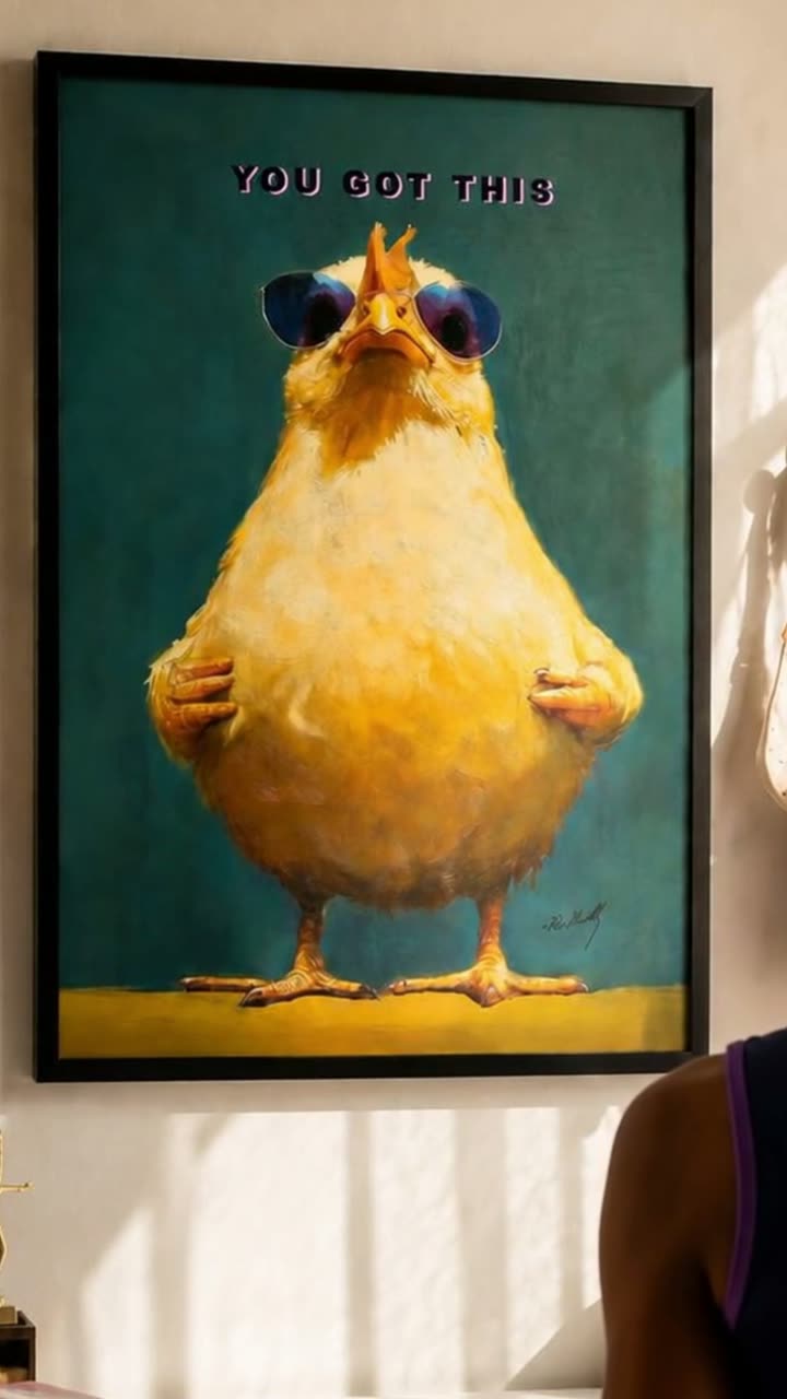Andy Okay persona film: an illustrator in a sunlit studio talks about his gymnast daughter, then cuts to the YOU GOT THIS chick print on her bedroom wall
