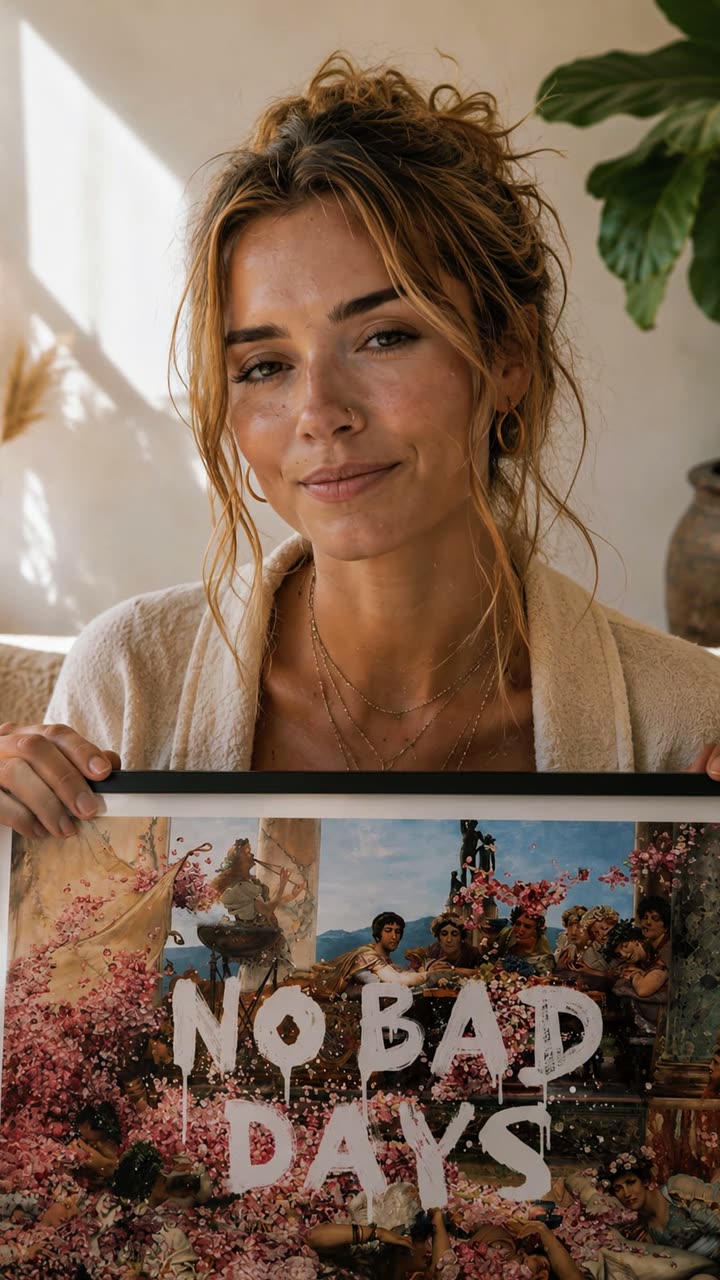 Andy Okay character hook: a woman in a cream robe on a sunlit sofa says the words changed her frequency, holding the NO BAD DAYS print in her lap