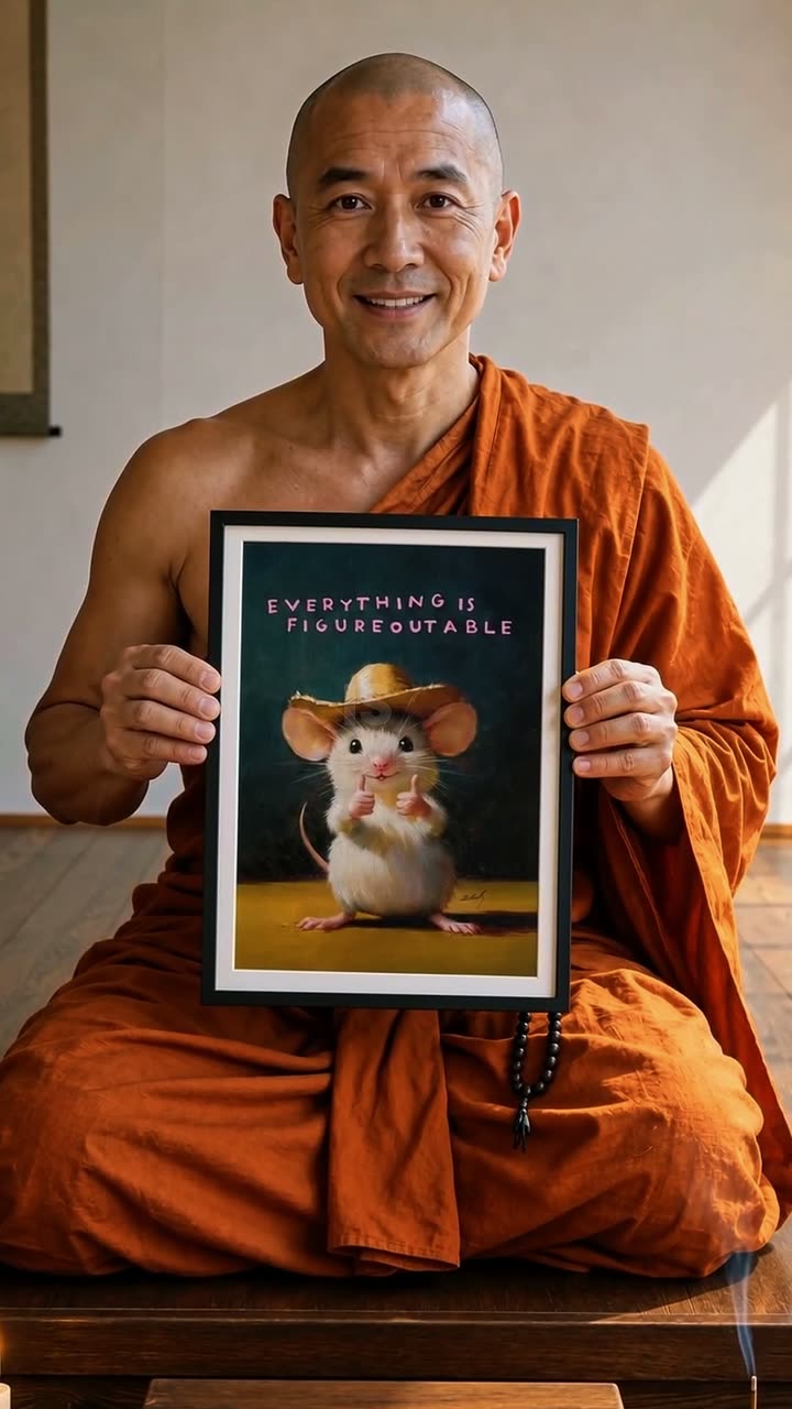 Andy Okay character hook: a monk in saffron robes kneels in a quiet temple room and holds up the EVERYTHING IS FIGUREOUTABLE mouse print
