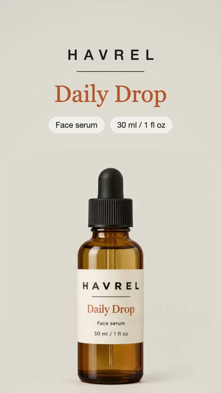 Motion graphics-demo for det fiktive serum HAVREL Daily Drop: det rigtige produktbillede glider ind, mens brandnavn, produktnavn og størrelse animeres ind ét ad gangen