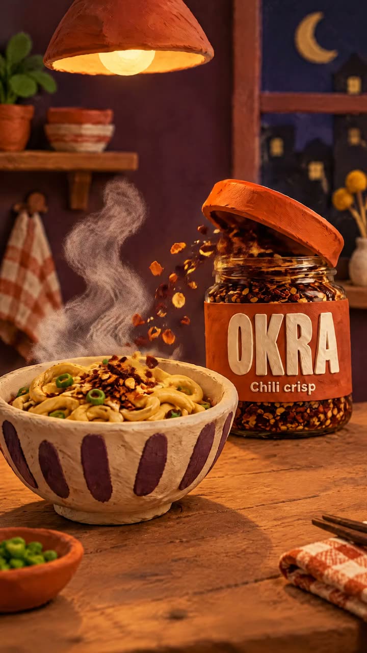 OKRA jar beside a steaming bowl of noodles