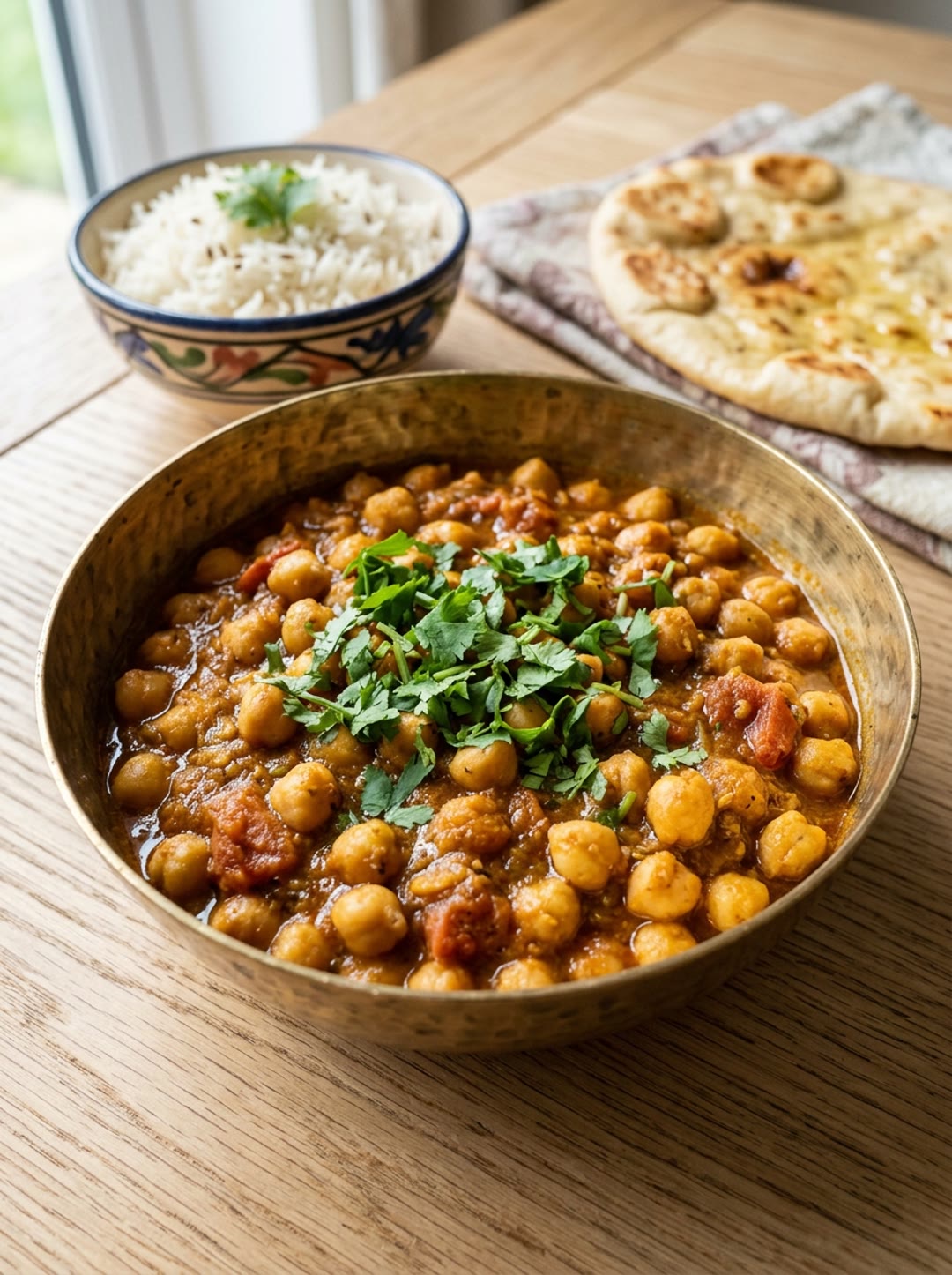 IndianBites AI food photography: chana masala bowl with rice and naan in daylight