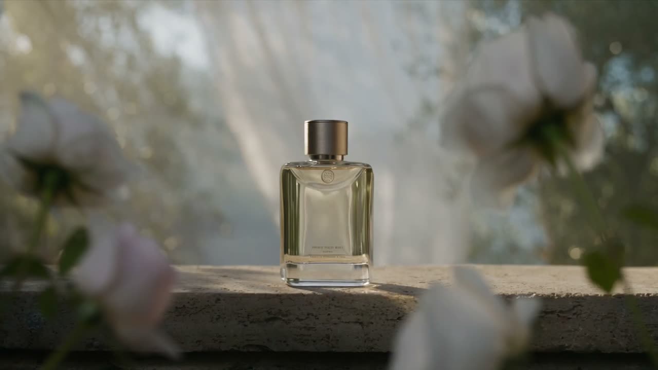 AI-generated cinematic product film: a fragrance bottle backlit on a stone ledge among roses in soft light.