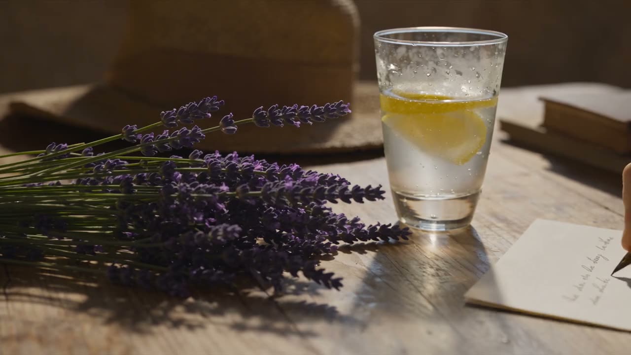 AI-generated cinematic brand film: golden-hour Provence, a woman writing at a rustic table and walking into a sunflower field above a hilltop village.