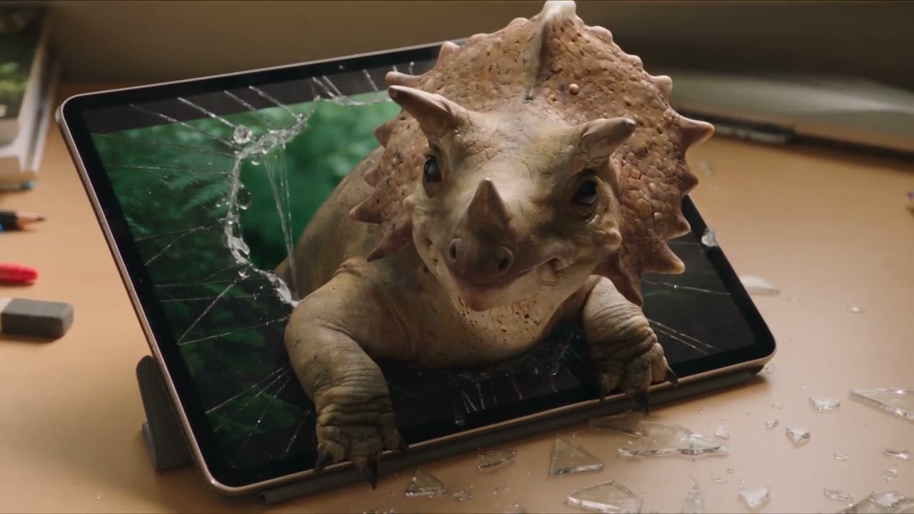 AI-generated VFX ad concept: a baby triceratops bursting out of a cracked tablet screen onto a desk.
