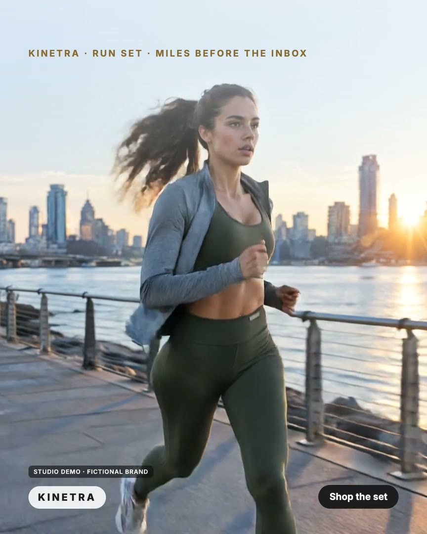 AI-generated studio demo video for the fictional activewear brand KINETRA: a runner on a waterfront at dawn in the olive set