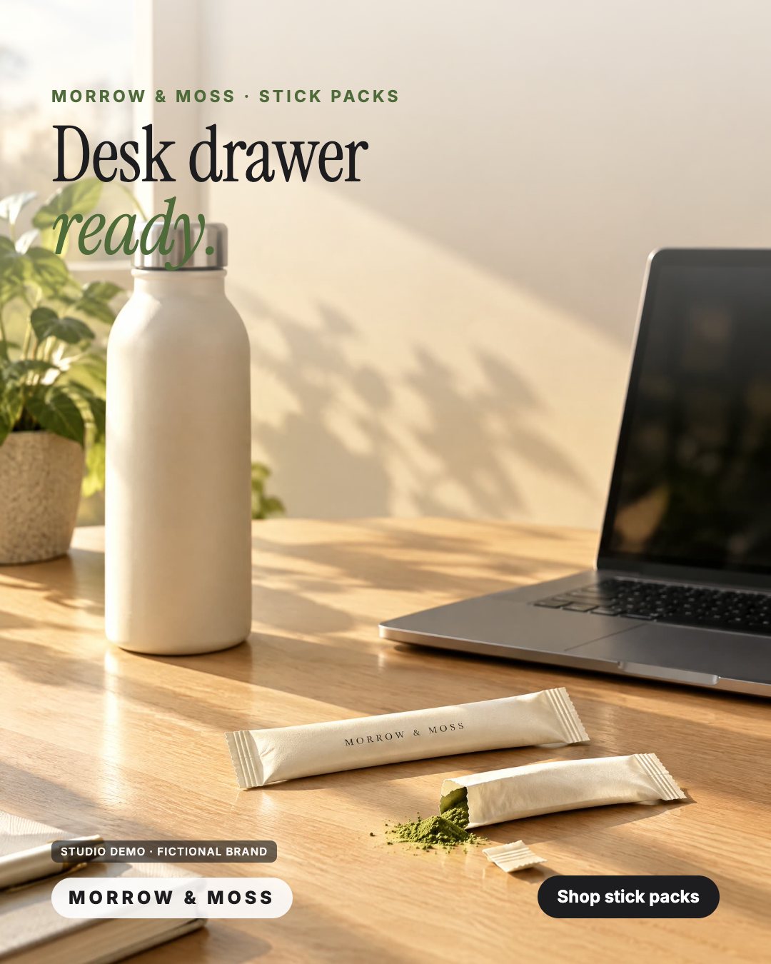 AI-generated studio demo ad for the fictional wellness brand MORROW & MOSS: a stick pack on an office desk