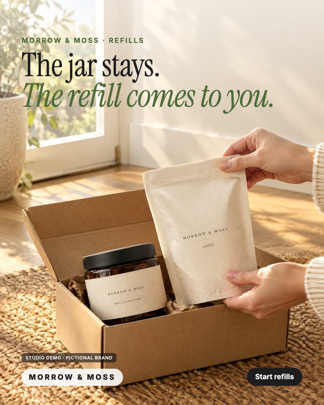 AI-generated studio demo ad for the fictional wellness brand MORROW & MOSS: a refill pouch lifted from a mailer box beside the jar