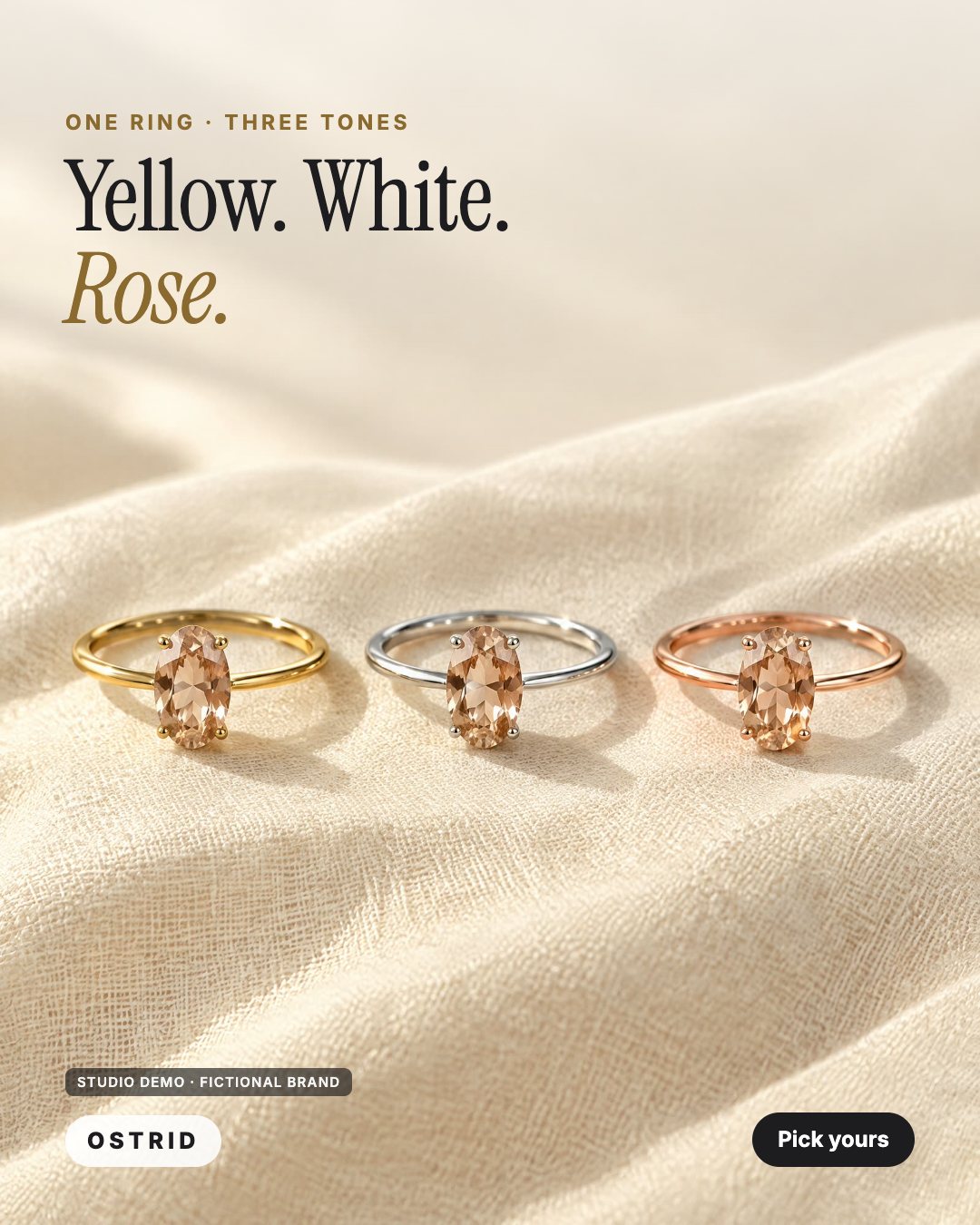 AI-generated studio demo ad for the fictional jewelry brand OSTRID: the same ring in yellow, white and rose gold side by side