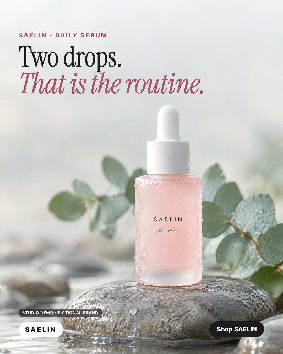 AI-generated studio demo ad for the fictional skincare brand SAELIN: a frosted pink serum bottle on a wet river stone