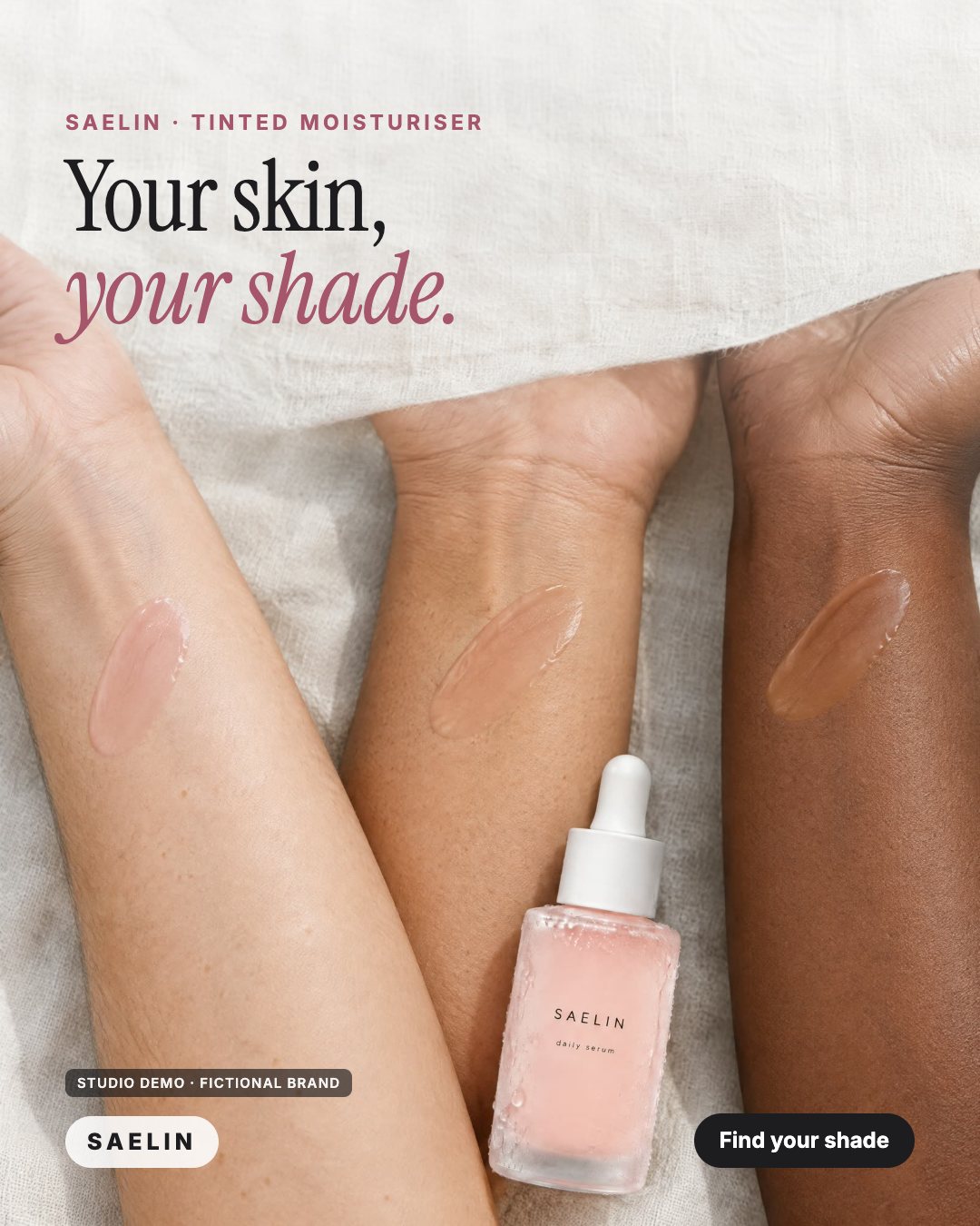 AI-generated studio demo ad for the fictional skincare brand SAELIN: tinted moisturiser swatches on three different skin tones