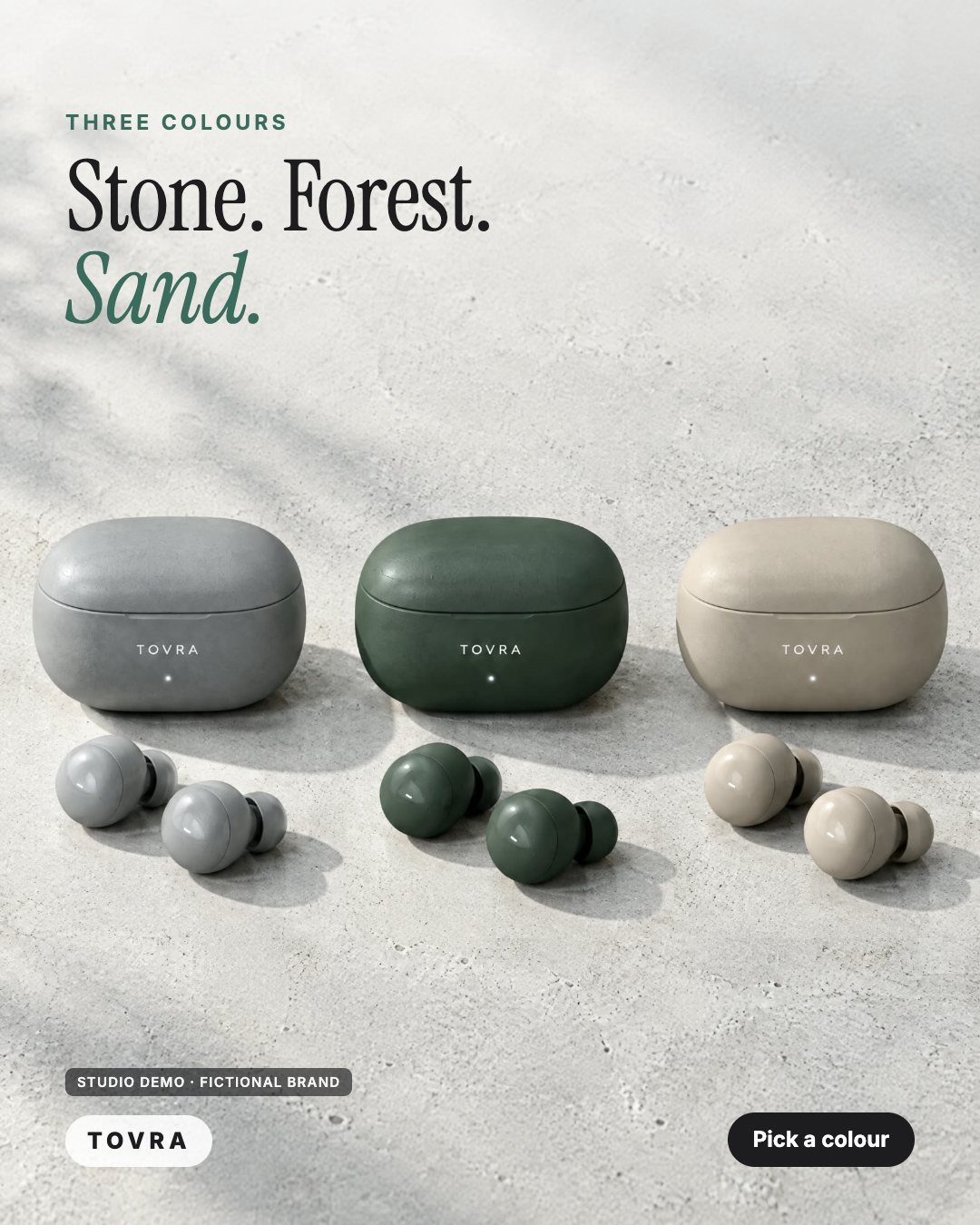 AI-generated studio demo ad for the fictional audio brand TOVRA: the earbud case in stone, forest and sand