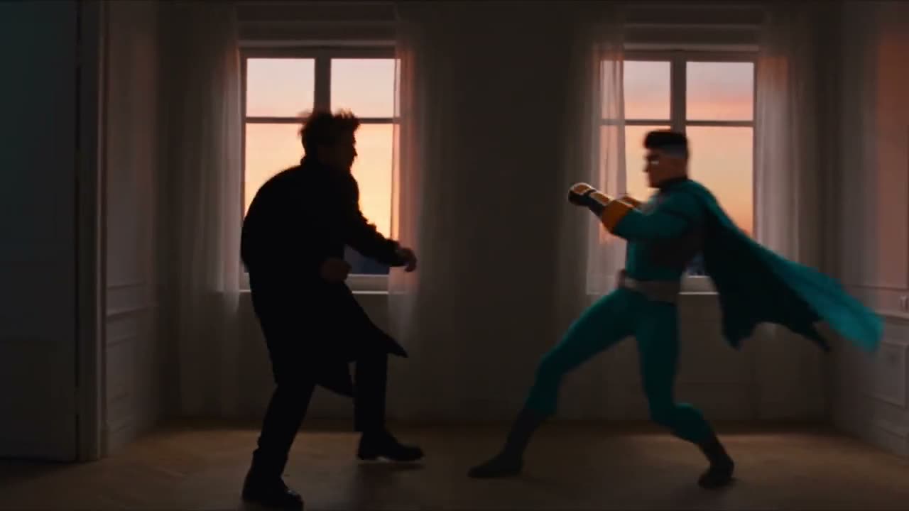 Cinematic AI brand film: two figures sparring at dusk