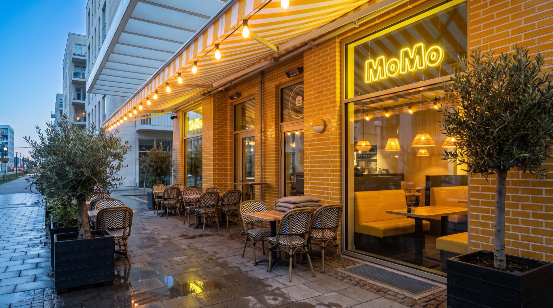 MoMo's yellow brick storefront at dusk, the neon MoMo sign lit above the terrace tables