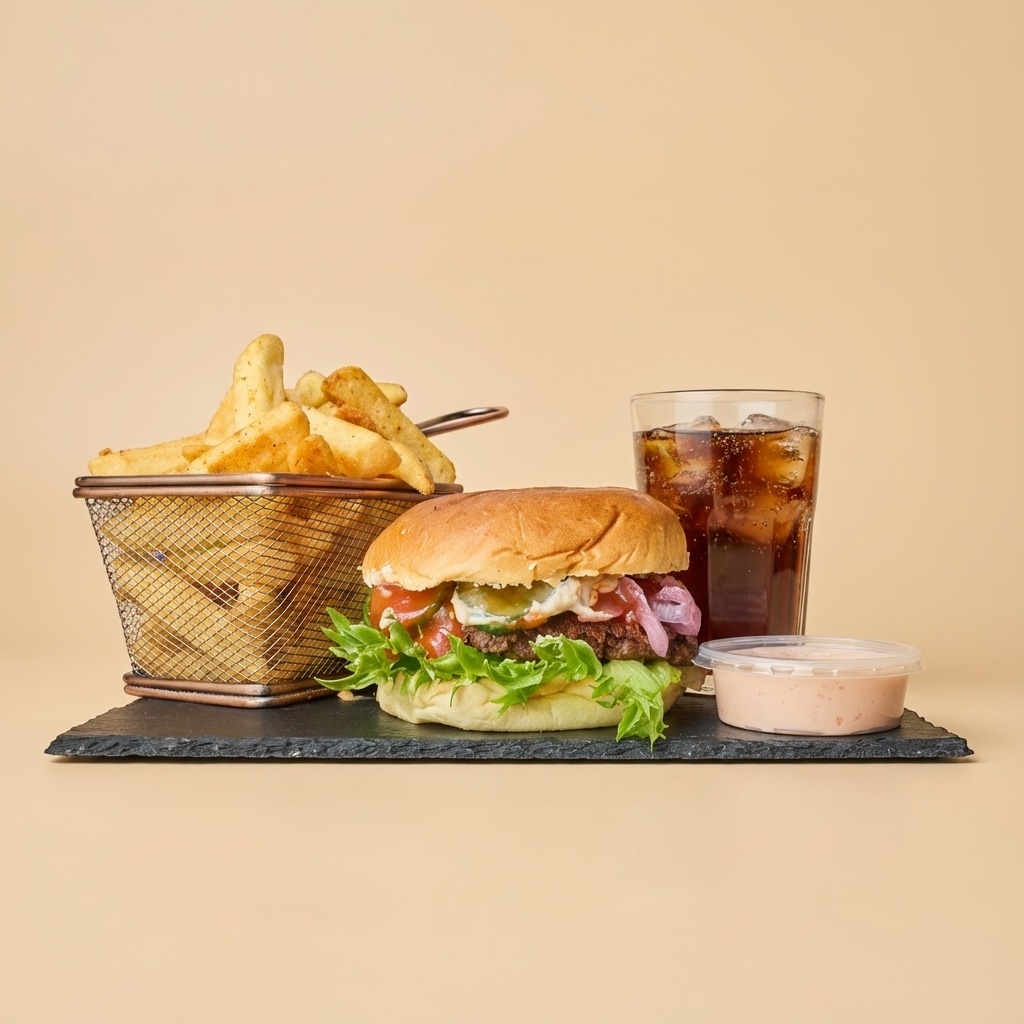 Nordic Smash Classic burger with a basket of fries, an iced drink and a side of dip, studio shot on a slate tray