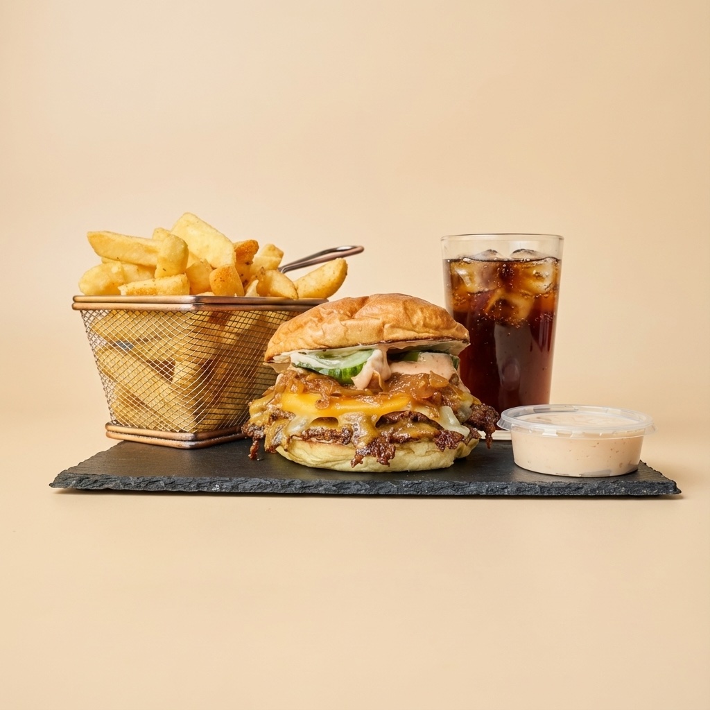 Nordic Smash Fire Smash burger with caramelized onion and melted cheese, fries and an iced drink, studio shot