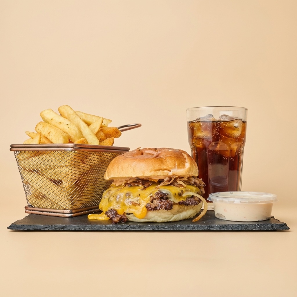 Nordic Smash Onion Royale burger with crispy onion strings, fries and an iced drink, studio shot on a slate tray