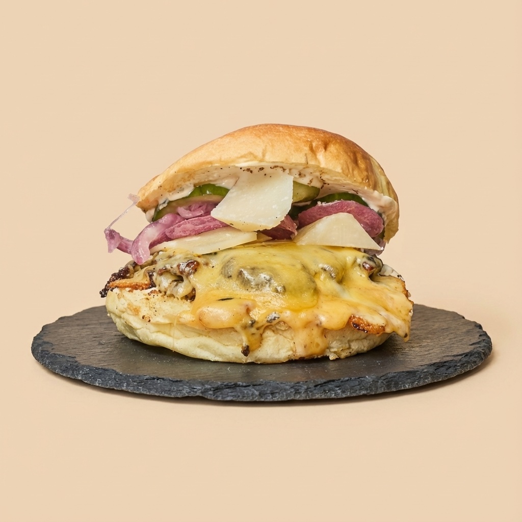 Nordic Smash Truffle Double burger, a close studio hero shot on a slate plate against a warm backdrop