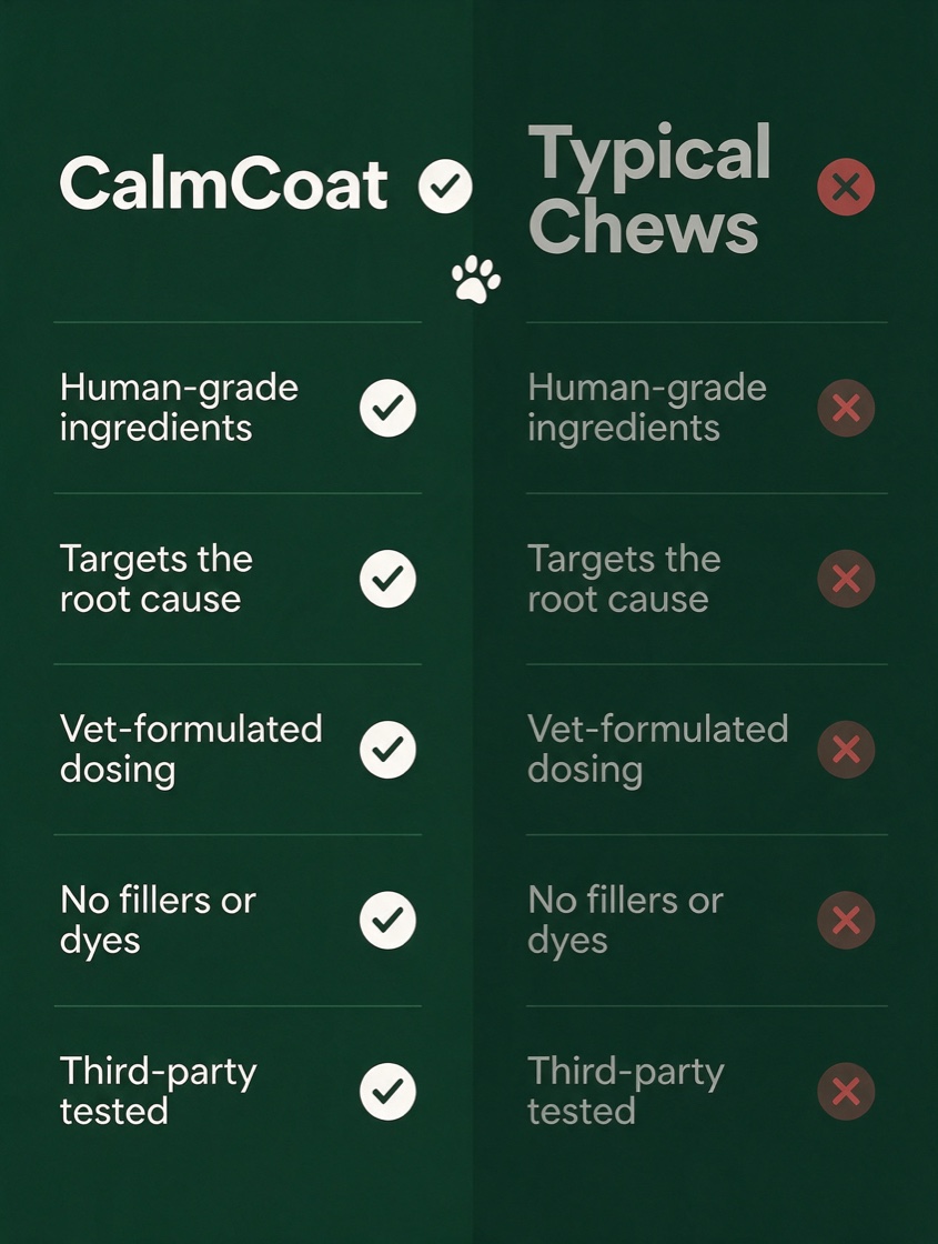 AI-generated spec ad for a fictional dog skin and coat supplement, CalmCoat: a comparison table against typical chews, five feature rows each checked for CalmCoat and crossed for the alternative