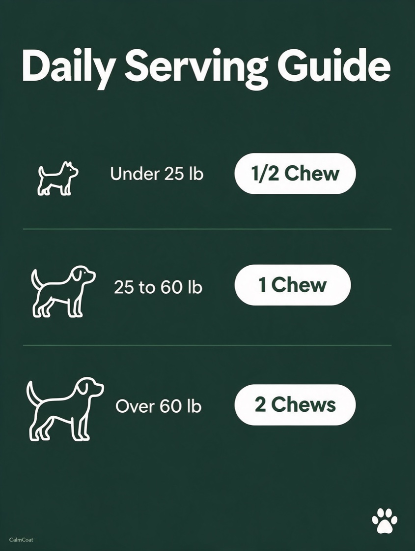 AI-generated spec ad for a fictional dog skin and coat supplement, CalmCoat: a daily serving guide infographic showing dose by dog weight, small breed to large breed