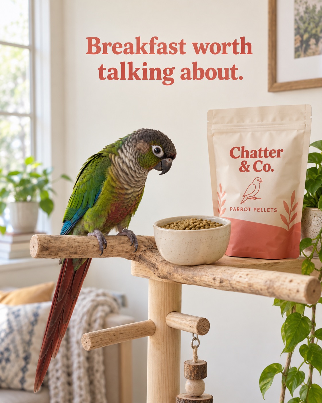AI-generated spec ad for a fictional parrot food brand, Chatter & Co.: a green-cheeked conure perched beside a bowl of pellets and the kraft pouch, headline Breakfast worth talking about.